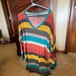 Stitches Multicolor Striped V-Neck Tunic Sweater - Teal, Rust, Mustard
